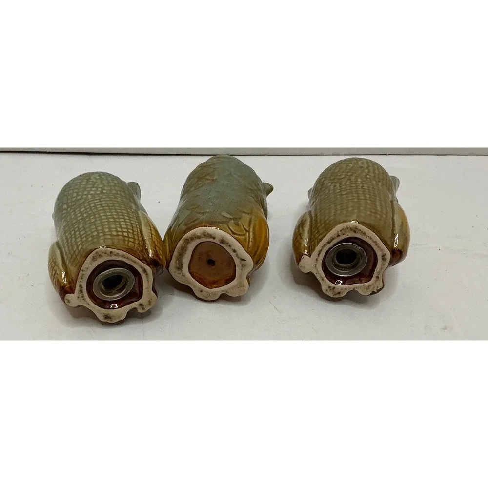 Vintage Owl Serving Bowl‎ Salt Pepper Shaker Toothpick Holder Set Brown Green
